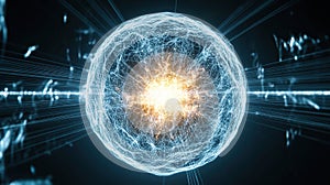Energy sphere exploding, digital background, data streams, tech concept