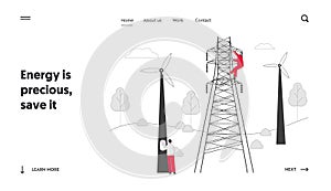 Energy Station Powerline in City Landing Page. Electrician Workers with Tools and Equipment Electric Transmission