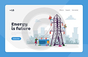 Energy Station Powerline in City Landing Page Template. Electrician Workers Characters with Tools
