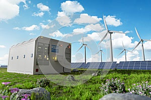 Energy storage with solar and wind power blue sky background
