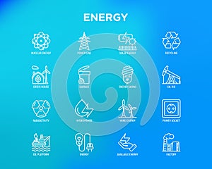 Energy thin line icon: factory, oil platform, hydropower, wind energy, power socket, radioactivity, garbage, oil rig, green house