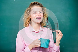 Energy and vigor. energy charge. good morning. girl refreshing with tea drink. school teacher need coffee break. idea