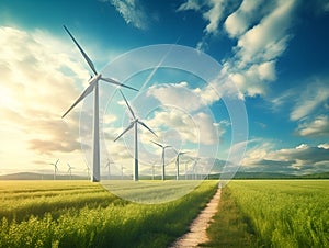 Energy wind farm on green field. Windmill turbines line generating electricity. Clean eco technology power. Green modern