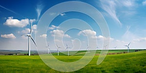 Energy wind farm on green field. Windmill turbines line generating electricity. Clean eco technology power. Green modern