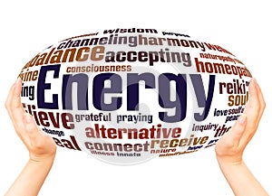 Energy word cloud hand sphere concept