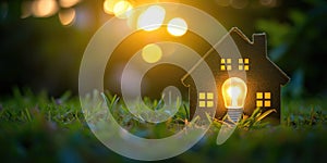 Energyefficient Model House With Glowing Lightbulb, Symbolizing Sustainability And Environmental Awareness photo