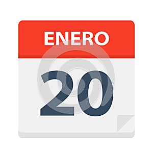 Enero 20 - Calendar Icon - January 20. Vector illustration of Spanish Calendar Leaf photo