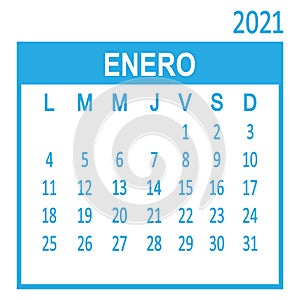 Enero January. First page of set. Spanish calendar 2021, template. Week starts from Lunes Monday. Vector photo