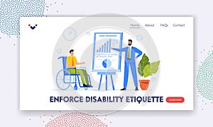 Enforce Disability Etiquette Landing Page Template. Disabled Business Man on Wheelchair Watch Seminar Presentation photo