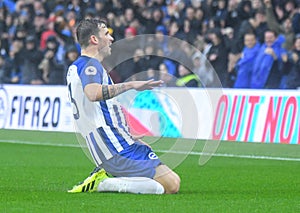 Pascal Gross of Brighton and Hove Albion celebrates goal