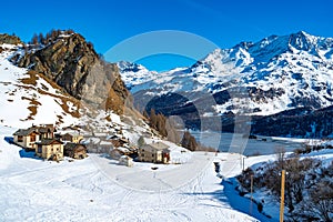 Engadine and the village of Grevasalvas, in winter.