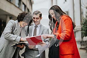 Engaged business associates reviewing documents outdoors