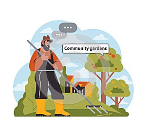 Engaged gardener promotes community gardens. Flat vector illustration