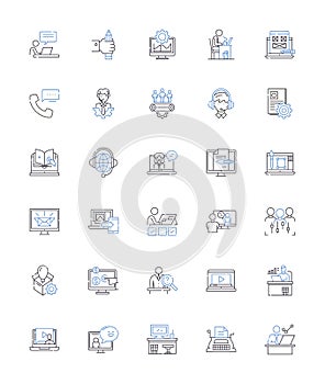 Engaged line icons collection. Committed, Enamored, Attached, Invested, Devoted, Pledged, Obligated vector and linear