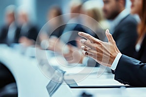 Engaged Professional Explaining Strategy in a Corporate Boardroom Setting