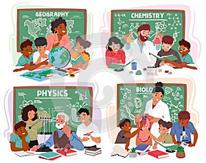 Engaged Teachers of Geography, Chemistry, Physics and Biology Impart Knowledge To Attentive Kids In A Classroom