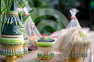 Engagement bowl for Thai engagement ceremony. bride price set, made from banana leaf and garland in thai wedding ceremon