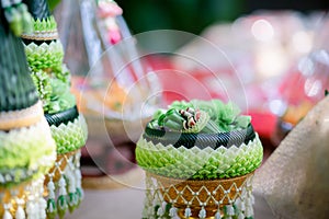 Engagement bowl for Thai engagement ceremony. bride price set, made from banana leaf and garland in thai wedding ceremon