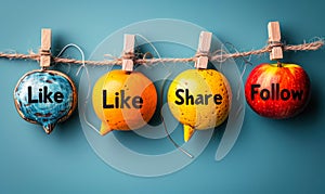 Engagement concept with Like, Share, Follow speech bubbles pinned on a string against a soft blue background, representing