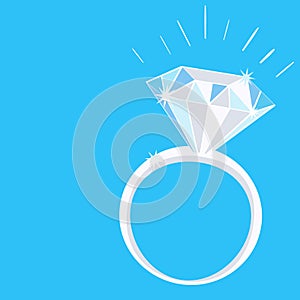 Engagement Diamond Ring with Sparkles on Blue Background.