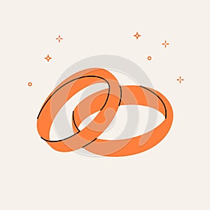 Engagement golden rings. Cartoon proposal wedding precious jewelry valentines day marriage concept. Vector illustration