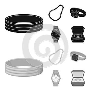 Engagement ring, beads from pearls, men ring, wristwatch gold. Jewelery and accessories set collection icons in black