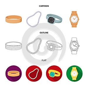 Engagement ring, beads from pearls, men ring, wristwatch gold. Jewelery and accessories set collection icons in cartoon