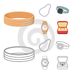 Engagement ring, beads from pearls, men ring, wristwatch gold. Jewelery and accessories set collection icons in cartoon