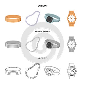Engagement ring, beads from pearls, men ring, wristwatch gold. Jewelery and accessories set collection icons in cartoon