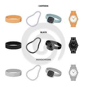 Engagement ring, beads from pearls, men ring, wristwatch gold. Jewelery and accessories set collection icons in cartoon