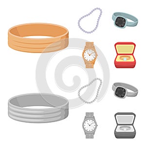 Engagement ring, beads from pearls, men ring, wristwatch gold. Jewelery and accessories set collection icons in cartoon