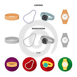 Engagement ring, beads from pearls, men ring, wristwatch gold. Jewelery and accessories set collection icons in cartoon