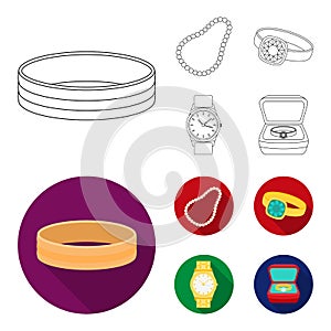 Engagement ring, beads from pearls, men ring, wristwatch gold. Jewelery and accessories set collection icons in outline