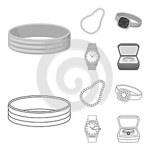 Engagement ring, beads from pearls, men ring, wristwatch gold. Jewelery and accessories set collection icons in outline