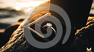 Engagement ring in box with sunset light