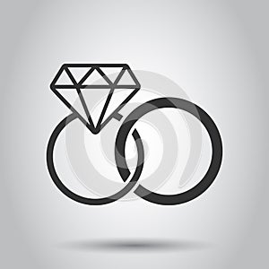 Engagement ring with diamond vector icon in flat style. Wedding jewelery ring illustration on white background. Romance