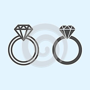 Engagement ring line and solid icon. Romantic proposal jewelry item with diamond. Wedding asset vector design concept