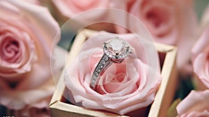 An engagement ring on pink rose bouquet, marriage proposal and wedding anniversary concept, romantic valentine s day background.
