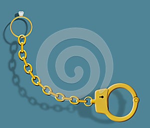 An engagement ring is seen with a chain attached TO A HANDCUFF