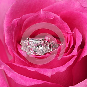 Engagement rings in pink rose. Closeup