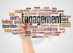 Engagement word cloud and hand with marker concept