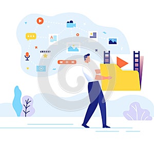 Engaging content concept. Man carries a large folder with media files. Communication with subscribers vector