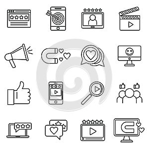 Engaging content digital icons set, outline style