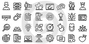 Engaging content icons set, outline style