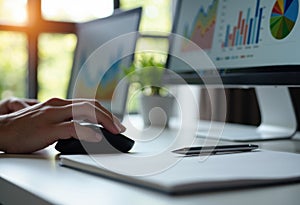A person using a computer mouse while analyzing data on multiple screens