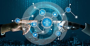 Human and Robot Collaboration in Digital Network Interface with Touching Hands Representing Advanced Technology and