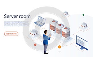 IT engeneer with modern tablet in network server room. Web hosting isometric vector for landing page. Data center with