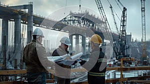 engeneers are discussing bridge construction, one men hold blueprints, wearing uniform and hard hats, in background bridge