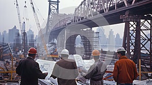 engeneers are discussing bridge construction, one men hold blueprints, wearing uniform and hard hats, in background bridge