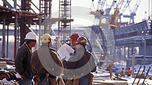 engeneers are discussing bridge construction, one men hold blueprints, wearing uniform and hard hats, in background bridge